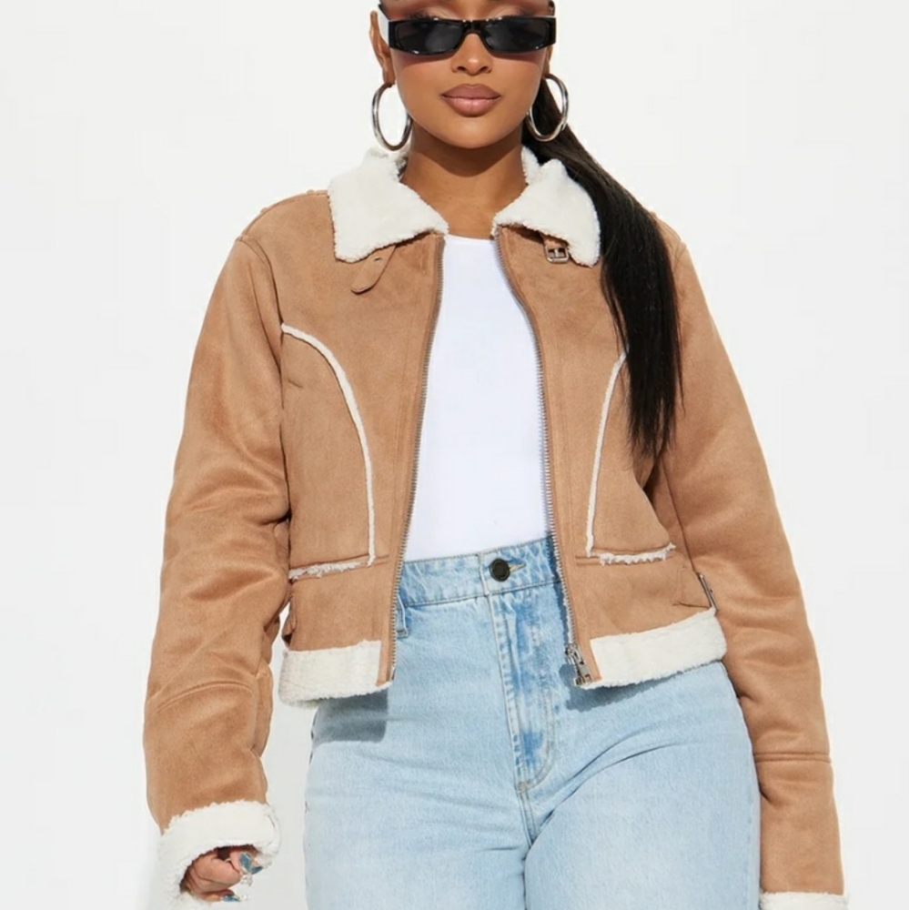 Fashion Nova Tan Teddy Jacket with Cream Accents